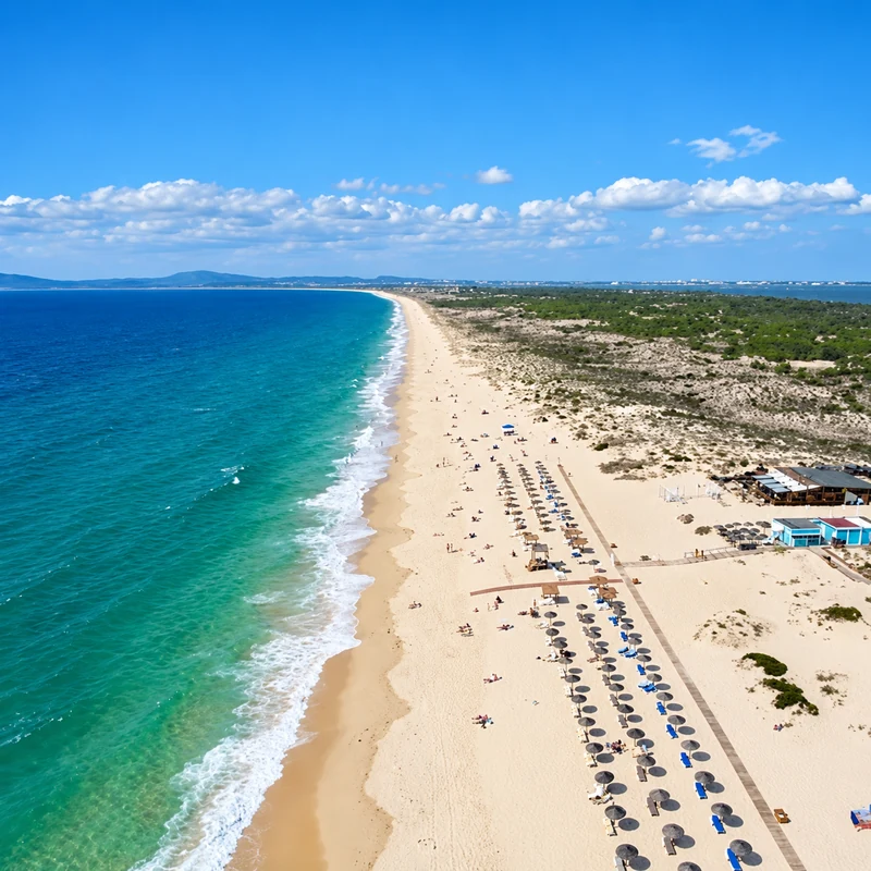 Linha de costa, mar e extenso areal na Comporta